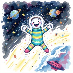 a cheerful sock puppet flying through space, drawn in a playful watercolor splash style on a clean white backdrop.