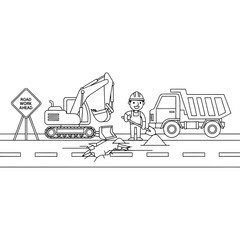 Construction Site Coloring Page with Worker, Excavator, and Dump Truck for a Kids Activity