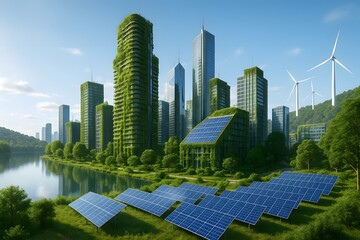 A futuristic cityscape showcasing green buildings covered in vegetation, solar panels, and wind turbines, reflecting sustainable energy and environmental consciousness.