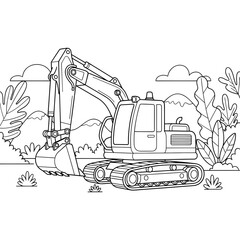 Detailed Line Art Illustration of a Powerful Excavator Ready for Construction Work, Perfect as a Printable Coloring Page for Kids