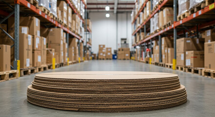 A wide angle shot showcases a warehouse interior with stacked cardboard boxes on shelves, with a circular platform in the foreground, emphasizing storage and logistics.