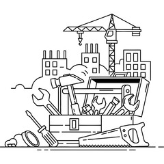 Fototapeta premium Essential construction and repair tools within a classic toolbox, positioned against a background of urban development with buildings and a crane