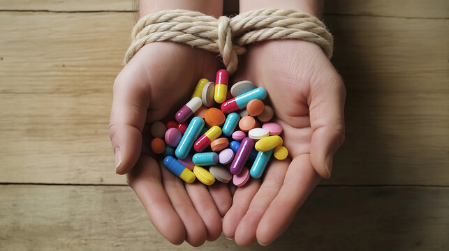 &ldquo;Hands Tied with Rope Holding Pills &ndash; Concept of Drug Addiction and Substance Abuse&rdquo;