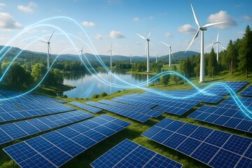 Solar panels and wind turbines generate electricity near a lake, with energy waves visualized above.