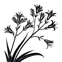 Black Silhouette of a Cluster of Lily Flowers with Long Leaves on a White Background vector illustration
