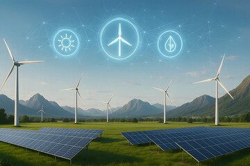Wind turbines and solar panels in a landscape, with renewable energy symbols in the sky.