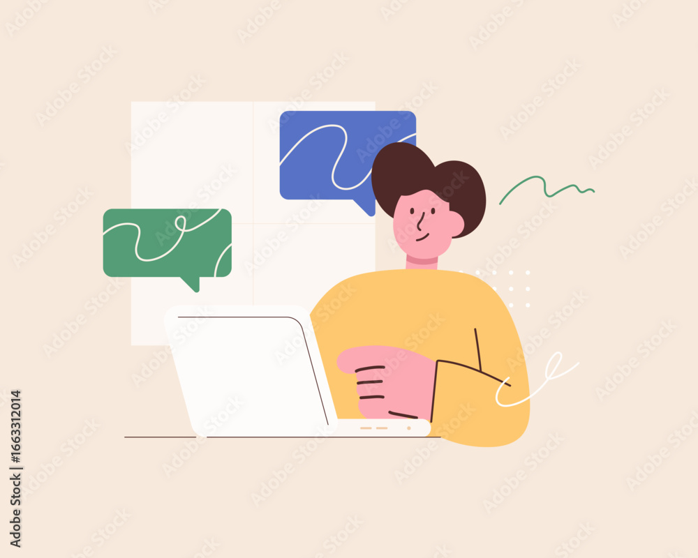 Poster Flat vector illustration of a character chatting with text messages. online chat communication concept.