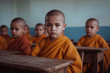 Young buddhist monks in classroom setting