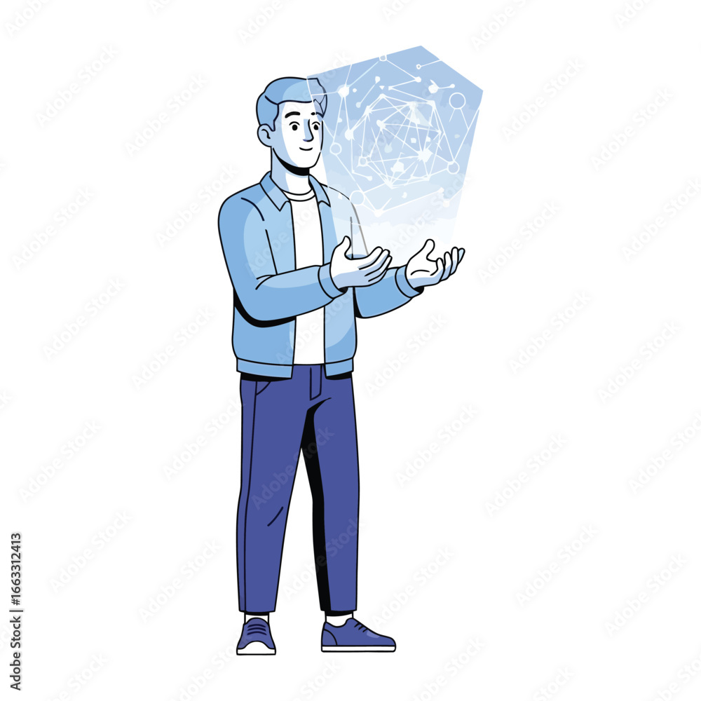 Poster digital frontier: a forward-thinking individual interacts with a futuristic digital interface, symbo