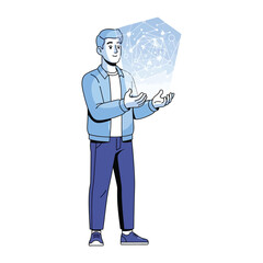 Digital Frontier: A forward-thinking individual interacts with a futuristic digital interface, symbolizing the boundless possibilities of technology and innovation.