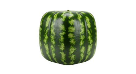 A single square watermelon with green rind and dark stripes isolated on a black background in studio shot isolated on white transparent background