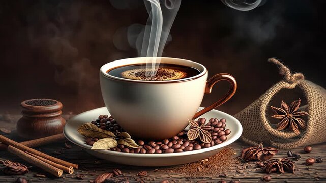Cup of coffee and grains. Generative AI,