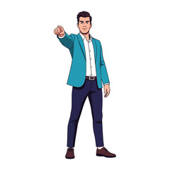 Confident Direction: A stylish individual, impeccably dressed, points towards the future with a determined gesture, embodying vision and leadership in a clean, modern style.