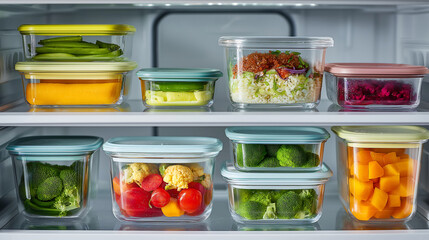 Colorful food storage containers filled with healthy foods, fresh vegetables and fruits on a tidy fridge shelf. Refrigerator filled with plastic containers