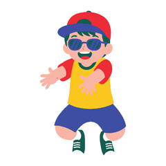 Playful Youngster: A cheerful cartoon illustration of a child, decked out in stylish shades and a cap, joyfully enjoying a moment of carefree fun.