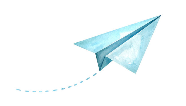 A simple and minimal watercolor illustration of a light blue paper airplane flying diagonally across a plain, transparent background, leaving a dashed line behind it