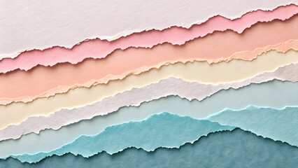 Fototapeta premium Layers of torn paper in pastel shades of pink peach yellow white and blue creating a textured background