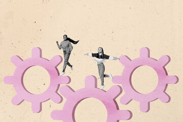Collage of person working with gears symbolizing teamwork development process hard work in business...