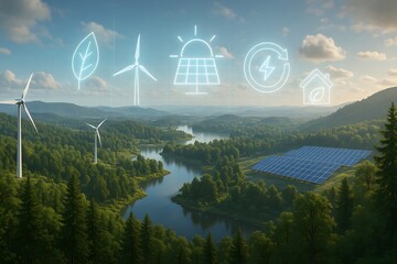 Serene landscape showcasing renewable energy sources like wind turbines and solar panels, integrated into a pristine natural environment.