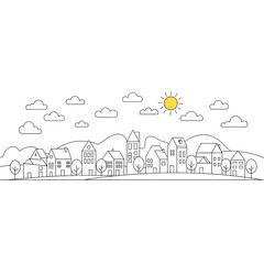 Charming Village Landscape with Rolling Hills and Sunny Sky Vector Illustration Design