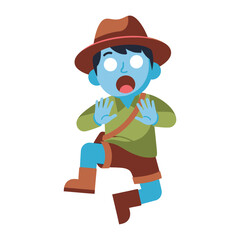Surprised adventurer: An adventurer looking surprised, wearing explorer clothing, standing, and holding up hands.