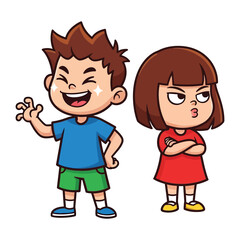 Children's Contrast: A vibrant illustration captures the contrast between a cheerful boy, radiating joy, and a displeased girl. Vivid colors, dynamic poses.