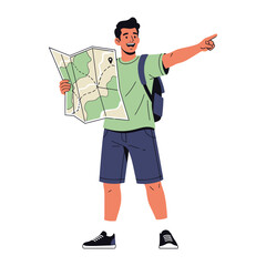 Wandering Wayfarer with Map: An intrepid traveler, adorned with a map, points towards an alluring destination, embodying the spirit of exploration, ready to embark on a new adventure.