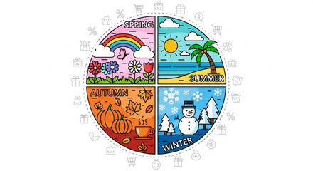 Four Seasons Vector Illustration &ndash; Spring, Summer, Autumn, Winter Icons