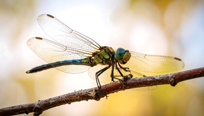 Dragonfly perched on branch