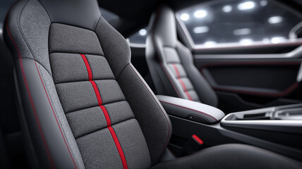 Close-up interior view of a luxury sports car driver’s seat upholstered in premium gray Alcantara with bold red stitching, ergonomic curves, lateral support, and high-end craftsmanship for performance