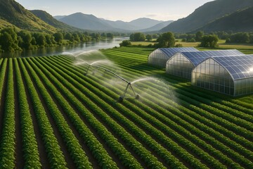 Lush green agricultural field with irrigation system watering crops near greenhouses and mountains.