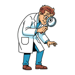 The Analyst: A focused professional scientist intently examines through a magnifying glass, a cartoon representation of an enthusiastic exploration of scientific principles.