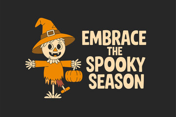 Embrace the spooky season, skeleton with pumpkin lantern, modern autumn badge, Halloween greeting vector