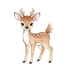 Fototapeta premium Cute Cartoon Deer Illustration Whitetail Fawn with Big Eyes and Antlers Standing in Forest