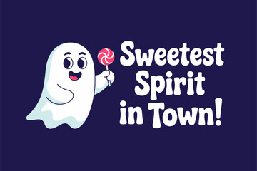 Smiling ghost holding candy, sweetest spirit theme, kawaii Halloween cartoon vector