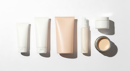 Minimalist cosmetic product assortment on a bright background promoting skincare