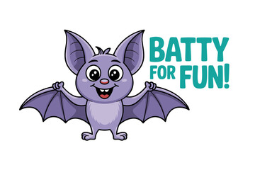 Obraz premium Batty for fun text, smiling bat character, green lettering, playful Halloween badge, clean white background vector
