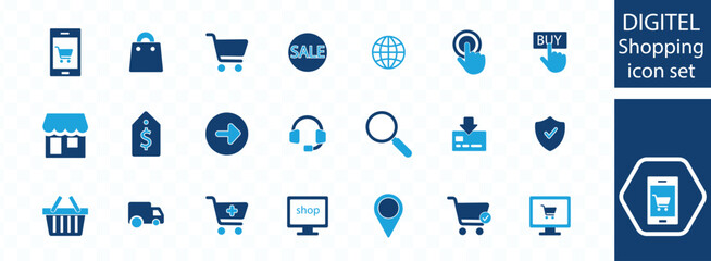 DIGITEL shopping icon set . content, website, social media, sales and online advertising. Solid vector symbol collection
