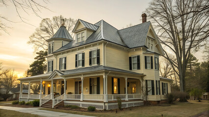 Beautiful Victorian Home with Large Porch and Sunset Glow in the Background Creating a Warm and Inviting Ambiance