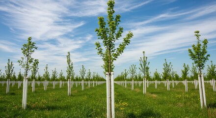 Fototapeta premium Rows of Young Saplings in a Tree Nursery Under a Blue Sky with Wispy Clouds, Agricultural and Environmental Concepts