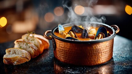 Seasonal seafood catch luxury bouillabaisse with tender mussels in saffron broth served at upscale dining establishment