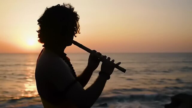 Sunset Silhouette Man Plays Flute by Sea.