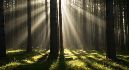 Fototapeta premium Sunlit Forest Scene: Beams of Light Shining Through Trees in a Serene Morning Landscape, Nature Photography