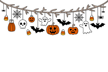 Hanging Halloween decor, pumpkins lanterns bats spiders webs ghosts, cute garland across top, clean vector background