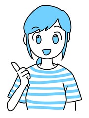 笑顔で説明する若い女性（青）