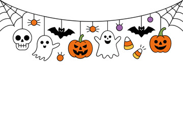 Halloween hanging garland border, skulls pumpkins bats, minimal curved string, clean vector header © BlackVault Designs