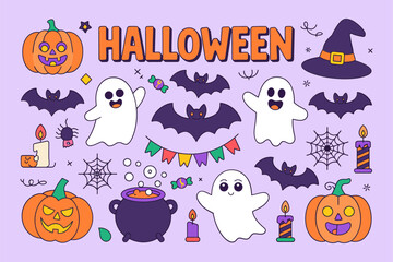 Fototapeta premium Halloween icon set poster, ghost hat bat pumpkin cauldron candy, purple background, cute vector collection
