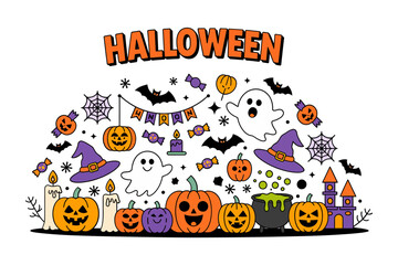 Halloween party scene, cute ghosts pumpkins bats, candy buckets and stars, festive vector illustration