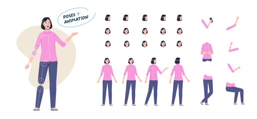 woman male character for animation. Creation set with various views, face emotions, poses and gestures.
