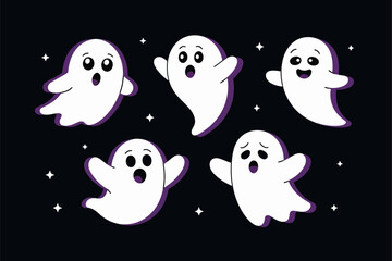 Ghost friends illustration, happy spirits floating, stars around, blue night background, cute Halloween vector